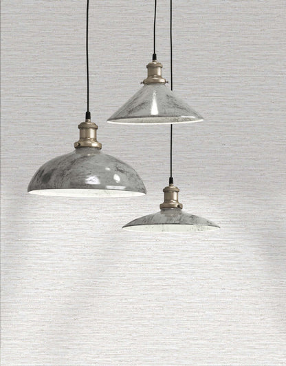 Three metal pendant lights with black cords hang before Texture Grasscloth Effect Commercial Vinyl wallpaper.