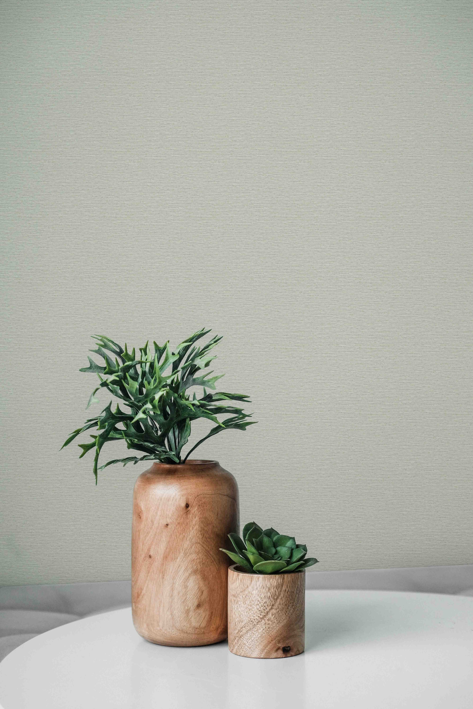 Two potted plants sit on a white surface, accented by Texture Grasscloth Effect Commercial Vinyl wallpaper.