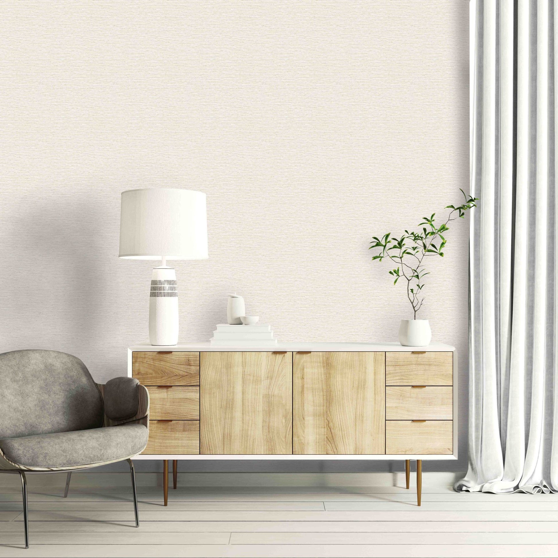 Minimalist living room with a wooden sideboard, lamp, and Texture Grasscloth Effect Commercial Vinyl wall covering.
