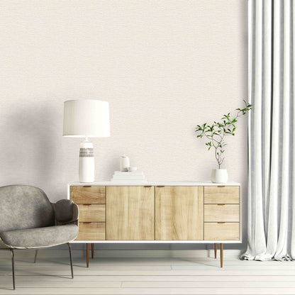Minimalist living room with a wooden sideboard, lamp, and Texture Grasscloth Effect Commercial Vinyl wall covering.