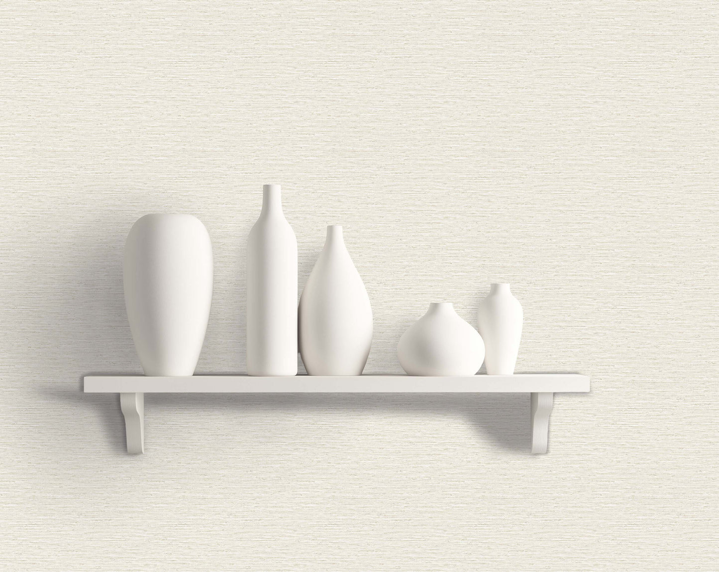 Five white ceramic vases pop on a shelf against Texture Grasscloth Effect Commercial Vinyl wallpaper.
