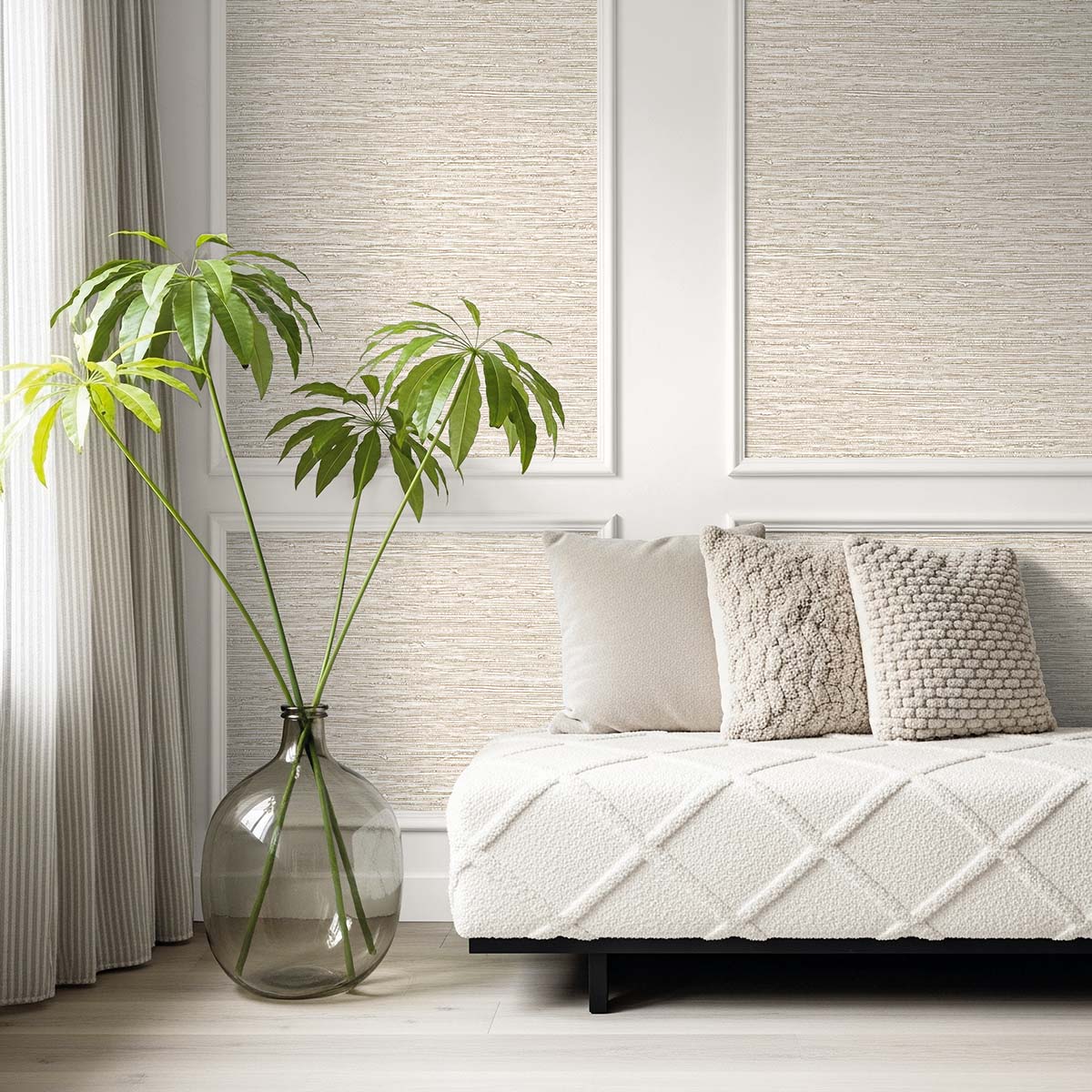 Modern living room with Texture Grasscloth Effect Commercial Vinyl wallpaper, white sofa, neutral pillows, and leafy plant.