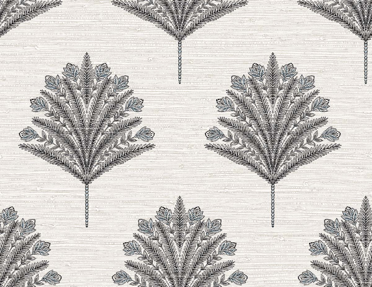 Indian Botanical Commercial Vinyl wallpaper features black and grey botanical leaves on a textured off-white background.
