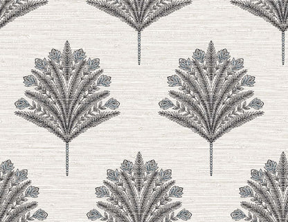 Indian Botanical Commercial Vinyl wallpaper features black and grey botanical leaves on a textured off-white background.