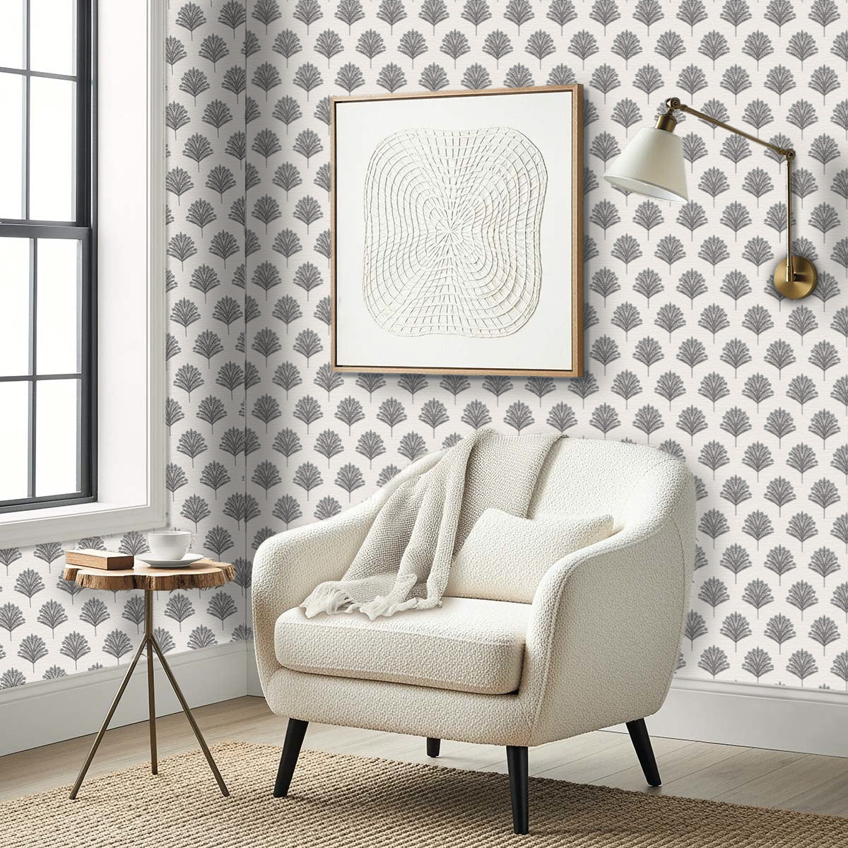 Cozy armchair, round table, and abstract art set against Indian Botanical Commercial Vinyl wallpaper in a modern corner.