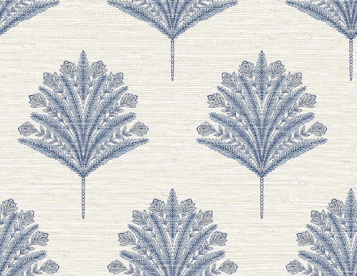 Blue palm leaf motifs on beige give Indian Botanical Commercial Vinyl a symmetrical, resort-inspired wallpaper look.