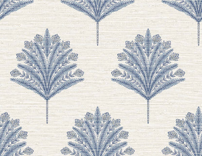 Blue palm leaf motifs on beige give Indian Botanical Commercial Vinyl a symmetrical, resort-inspired wallpaper look.
