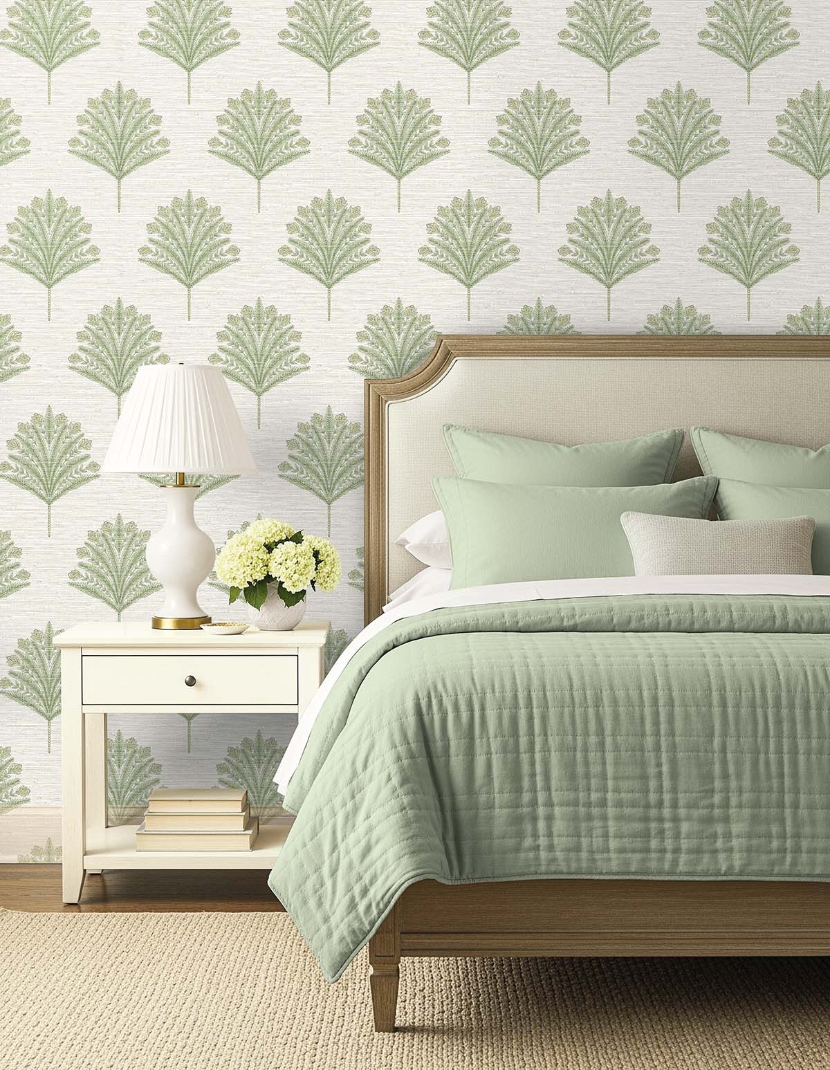 Bedroom with sage green bedding, white nightstand, and Indian Botanical Commercial Vinyl wallpaper in the background.