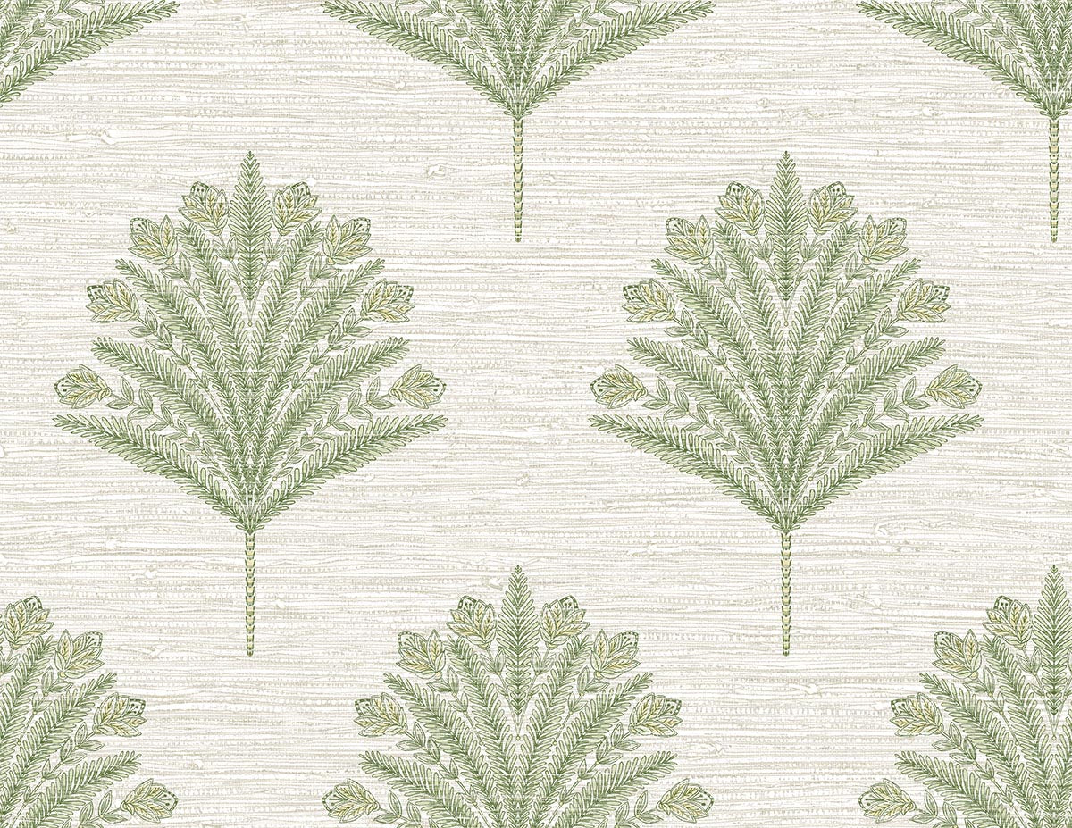 Indian Botanical Commercial Vinyl features a symmetrical green fern leaf on textured, off-white embossed vinyl wallpaper.