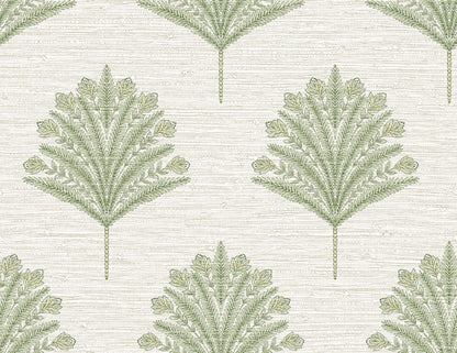 Indian Botanical Commercial Vinyl features a symmetrical green fern leaf on textured, off-white embossed vinyl wallpaper.