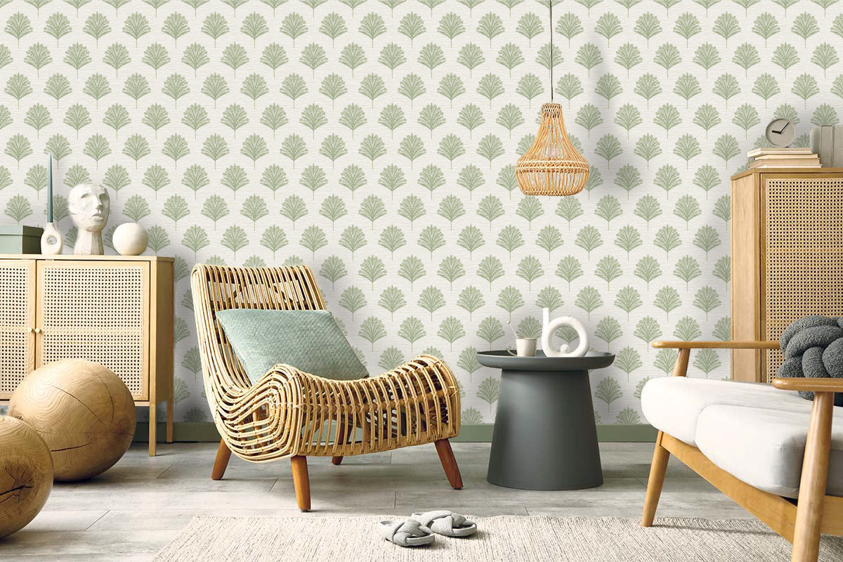 Cozy living room with rattan furniture and Indian Botanical Commercial Vinyl resort-inspired wallpaper.