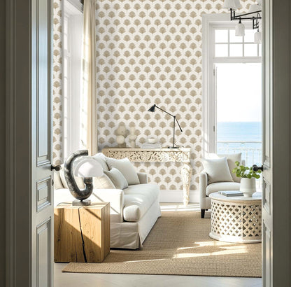 Bright coastal living room with Indian Botanical Commercial Vinyl wallpaper, white furniture, and sea-view windows.