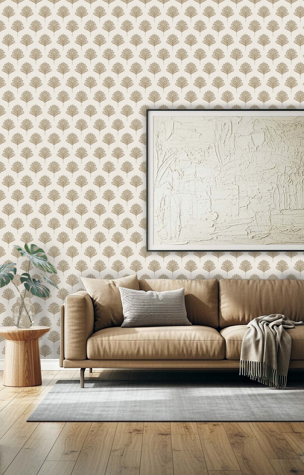 Cozy living room with a beige sofa, wood table, abstract art, potted plant Indian Botanical Commercial Vinyl wallpaper.