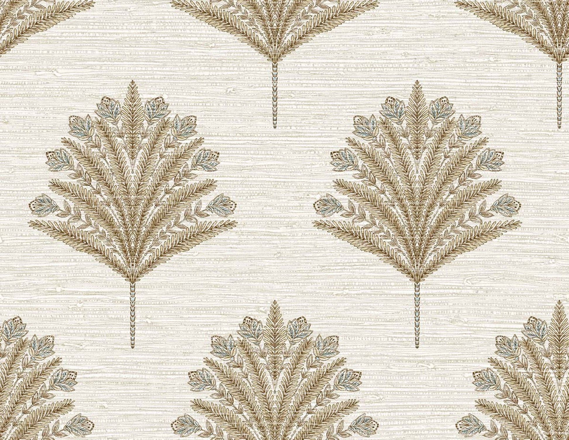 Indian Botanical Commercial Vinyl: Beige embossed vinyl wallpaper with brown and taupe palm leaf patterns on a textured background.