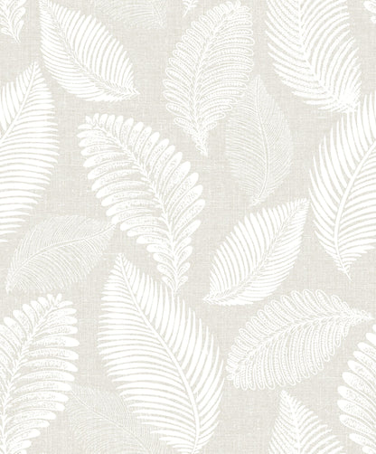 White/Off White Scattered Leaves Wallpaper close-up.
