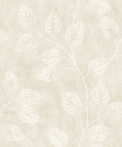 Beige Branch Of Leaves Wallpaper close-up.
