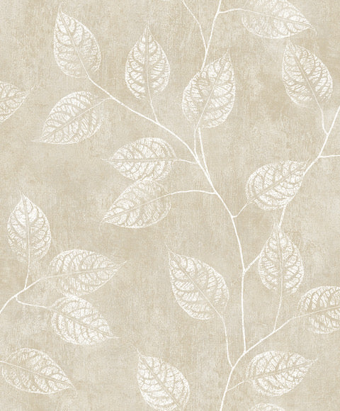 Sand Yellow & Cream Branch Of Leaves Wallpaper close-up.
