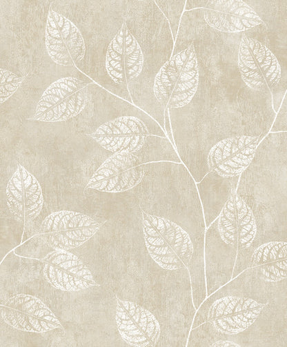 Sand Yellow & Cream Branch Of Leaves Wallpaper close-up.
