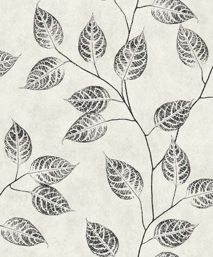 Black & Beige Branch Of Leaves Wallpaper close-up.
