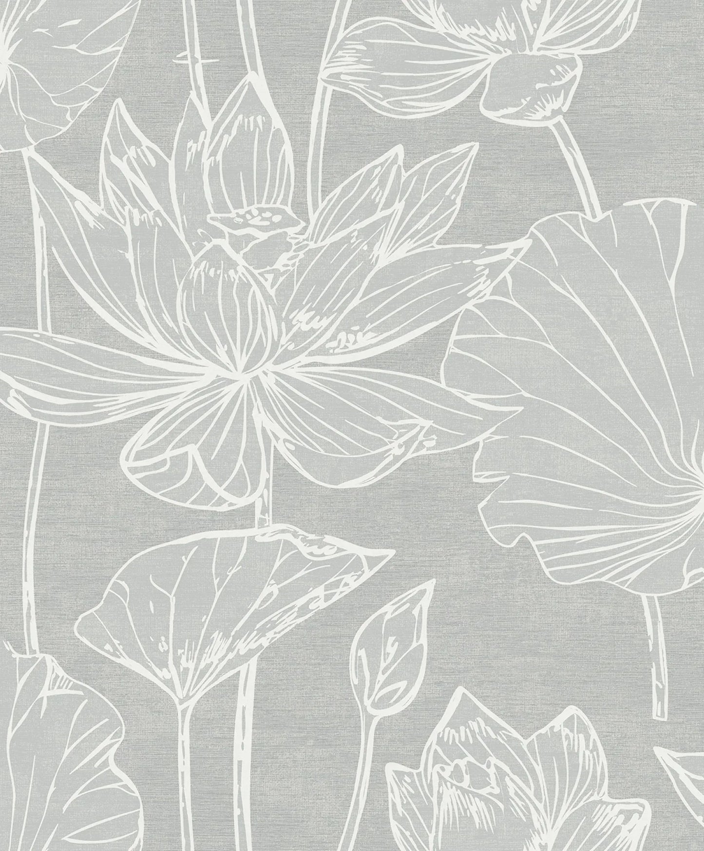 White line lotus flowers and leaves create a simple pattern on light gray Lily Flower Wallpaper, made of nonwoven material.