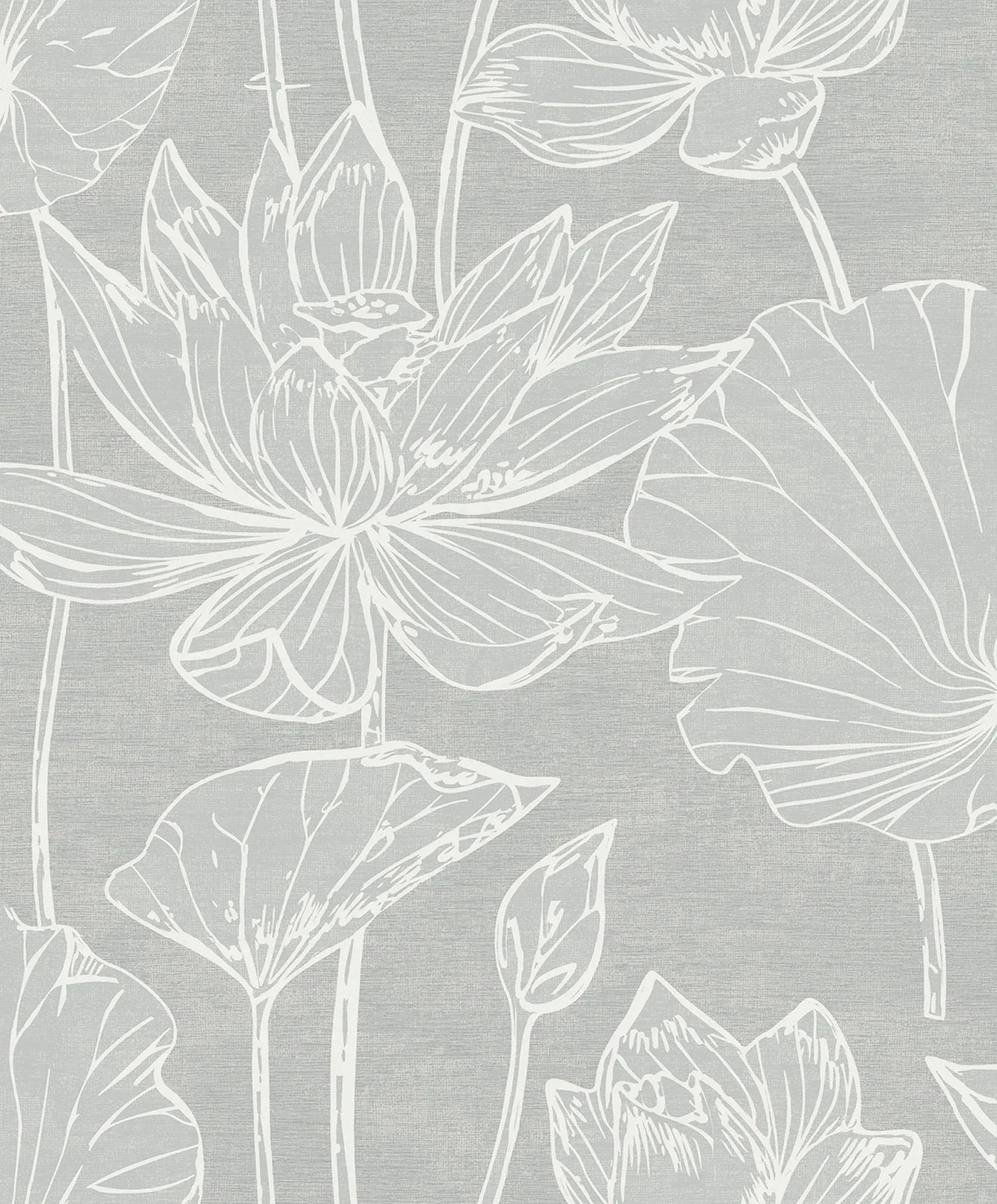 White line lotus flowers and leaves create a simple pattern on light gray Lily Flower Wallpaper, made of nonwoven material.