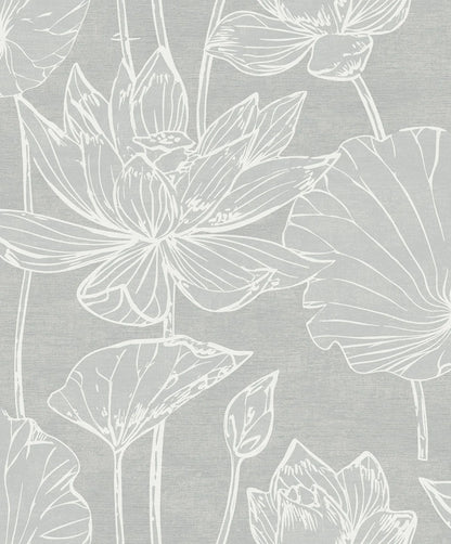 White line lotus flowers and leaves create a simple pattern on light gray Lily Flower Wallpaper, made of nonwoven material.