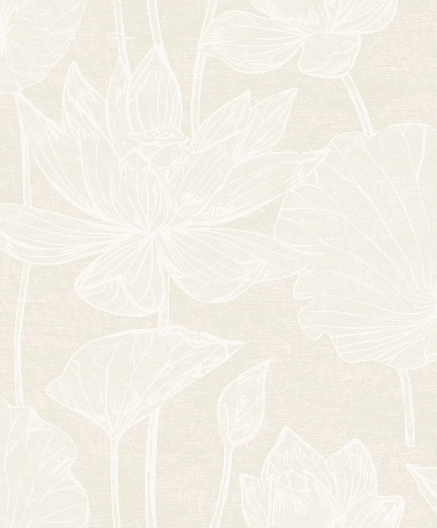 Lily Flower Wallpaper features white lotus line art on beige for an elegant, softly textured botanical look.