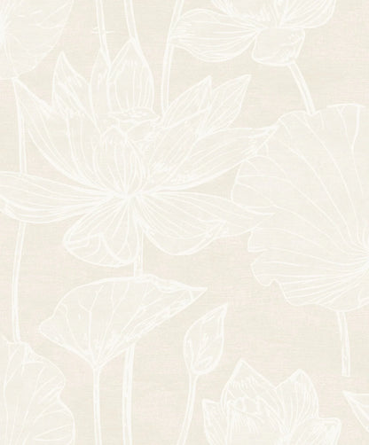 Lily Flower Wallpaper features white lotus line art on beige for an elegant, softly textured botanical look.