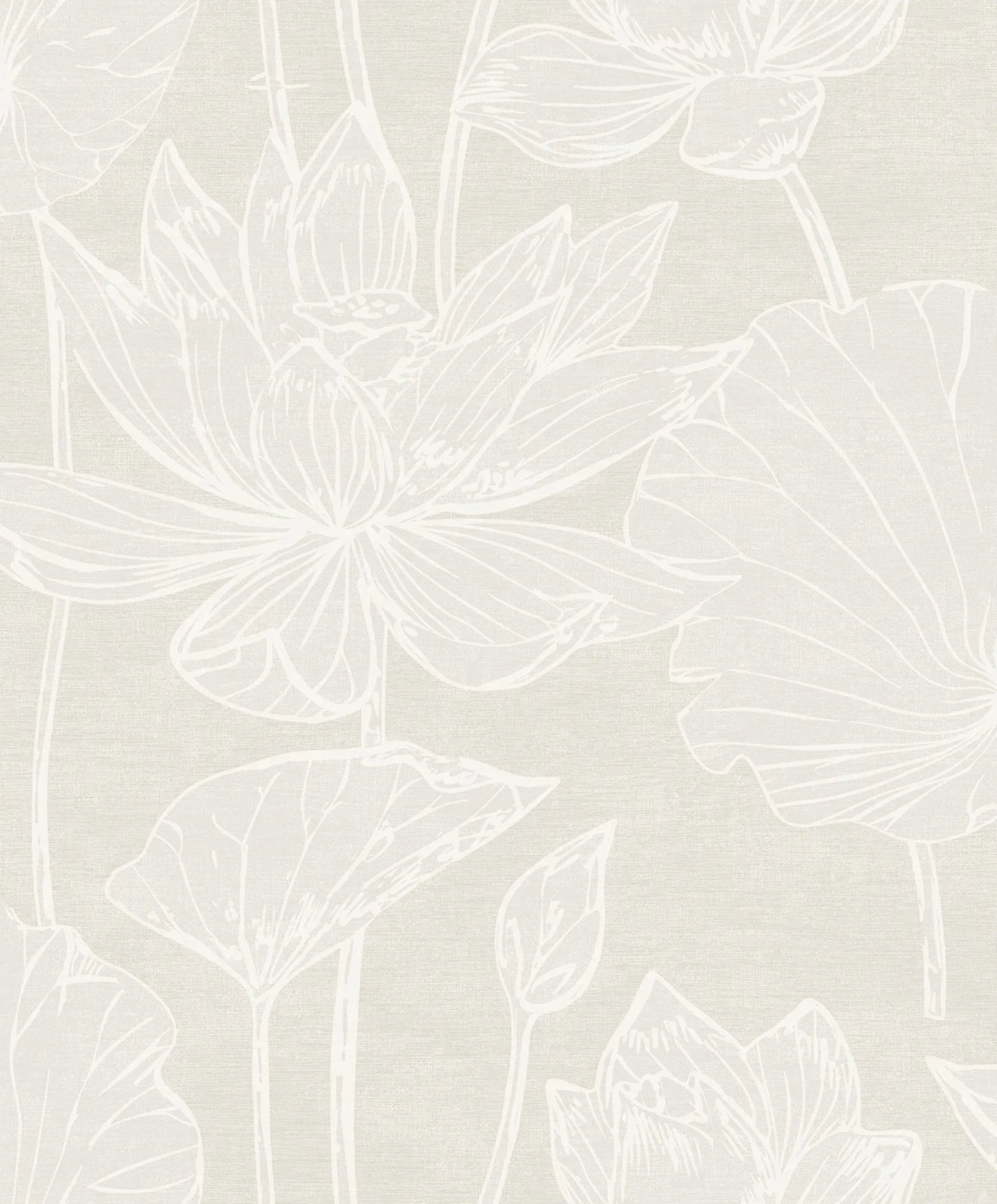 Lily Flower Wallpaper features elegant white line art lotus flowers on light beige in a subtle nonwoven design.