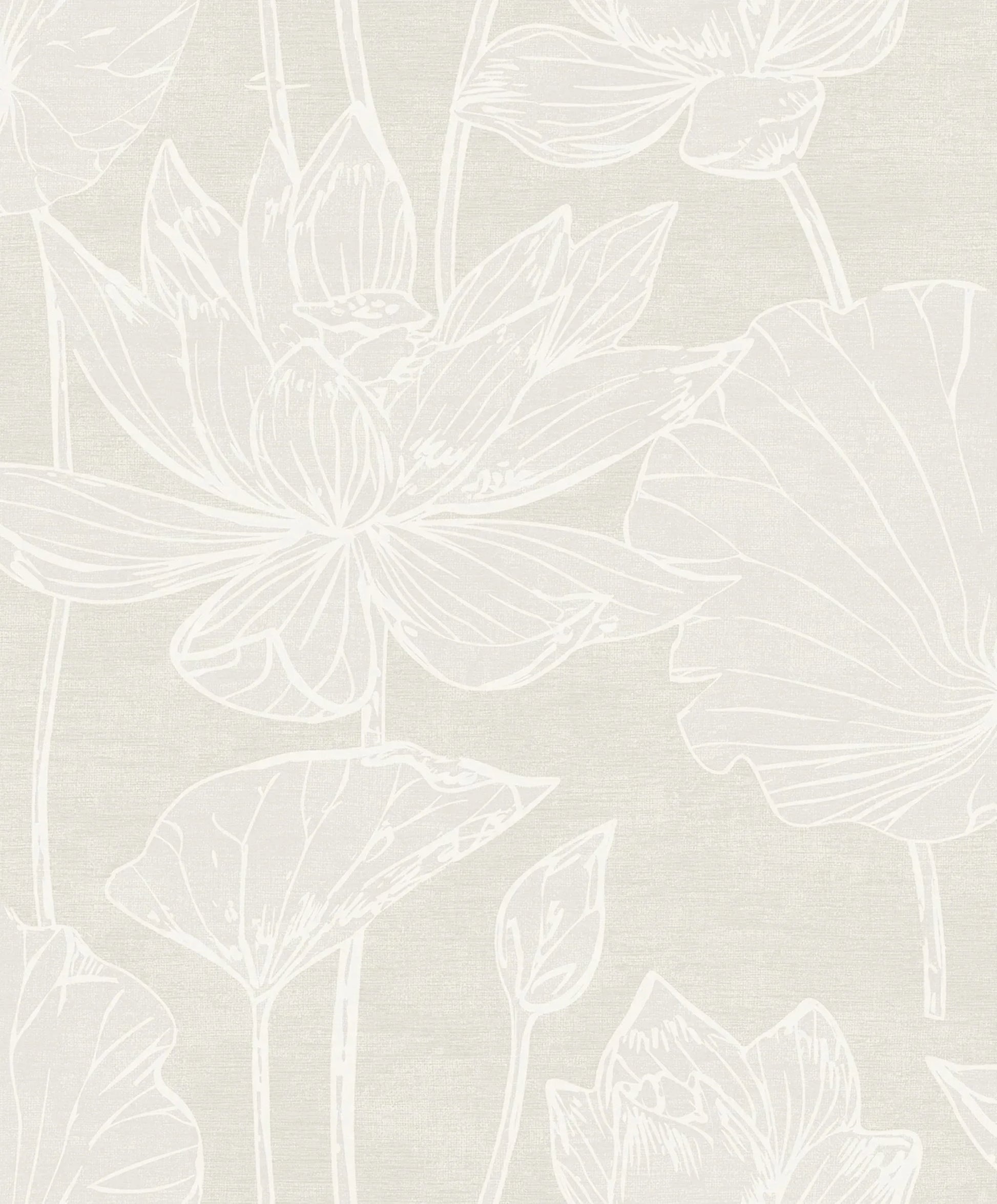 Lily Flower Wallpaper features elegant white line art lotus flowers on light beige in a subtle nonwoven design.