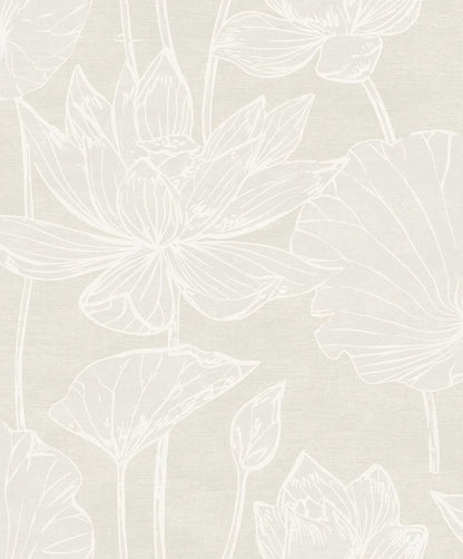 Lily Flower Wallpaper features elegant white line art lotus flowers on light beige in a subtle nonwoven design.