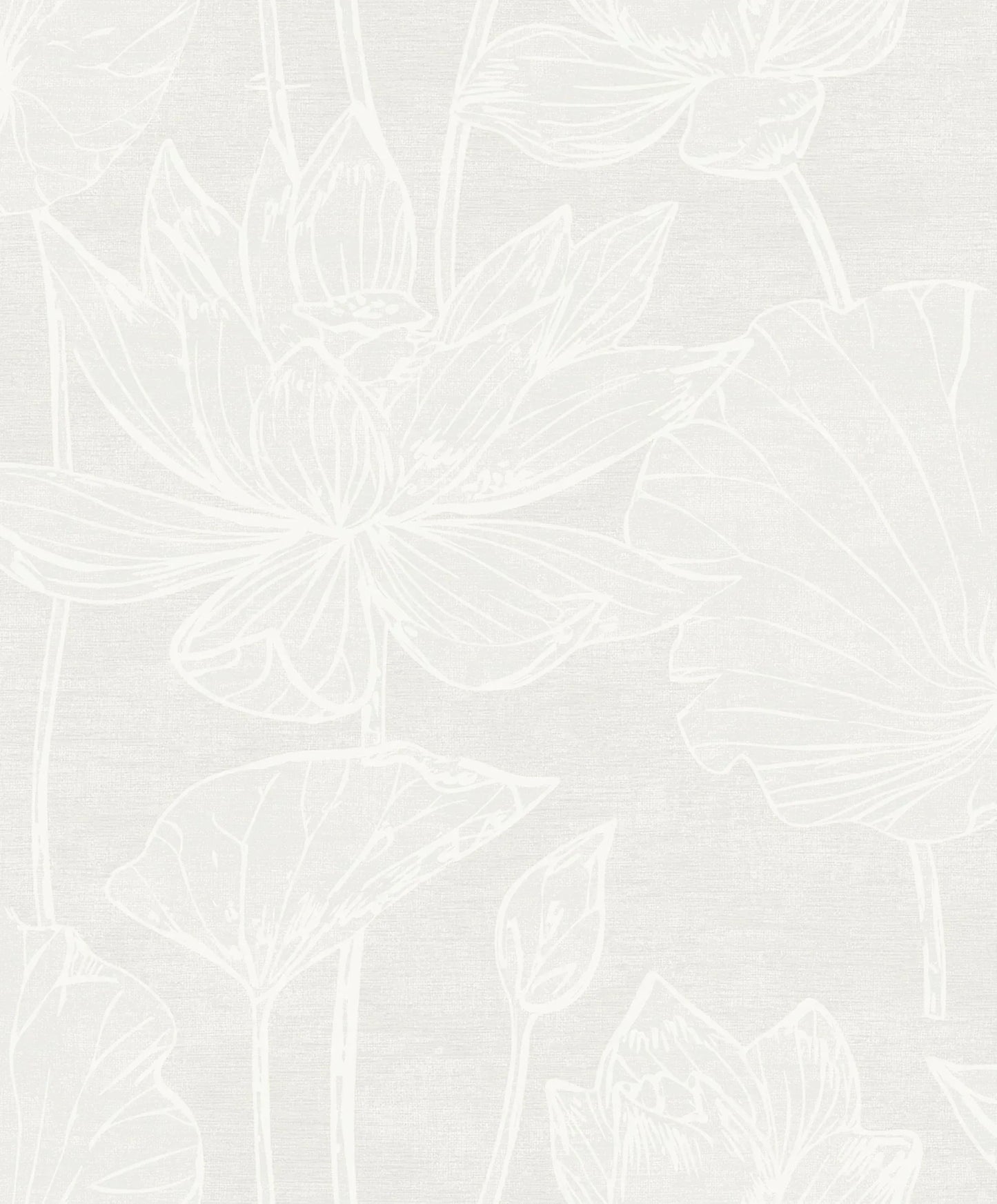 Lily Flower Wallpaper features white outline lotus flowers and leaves on a light gray textured botanical background.