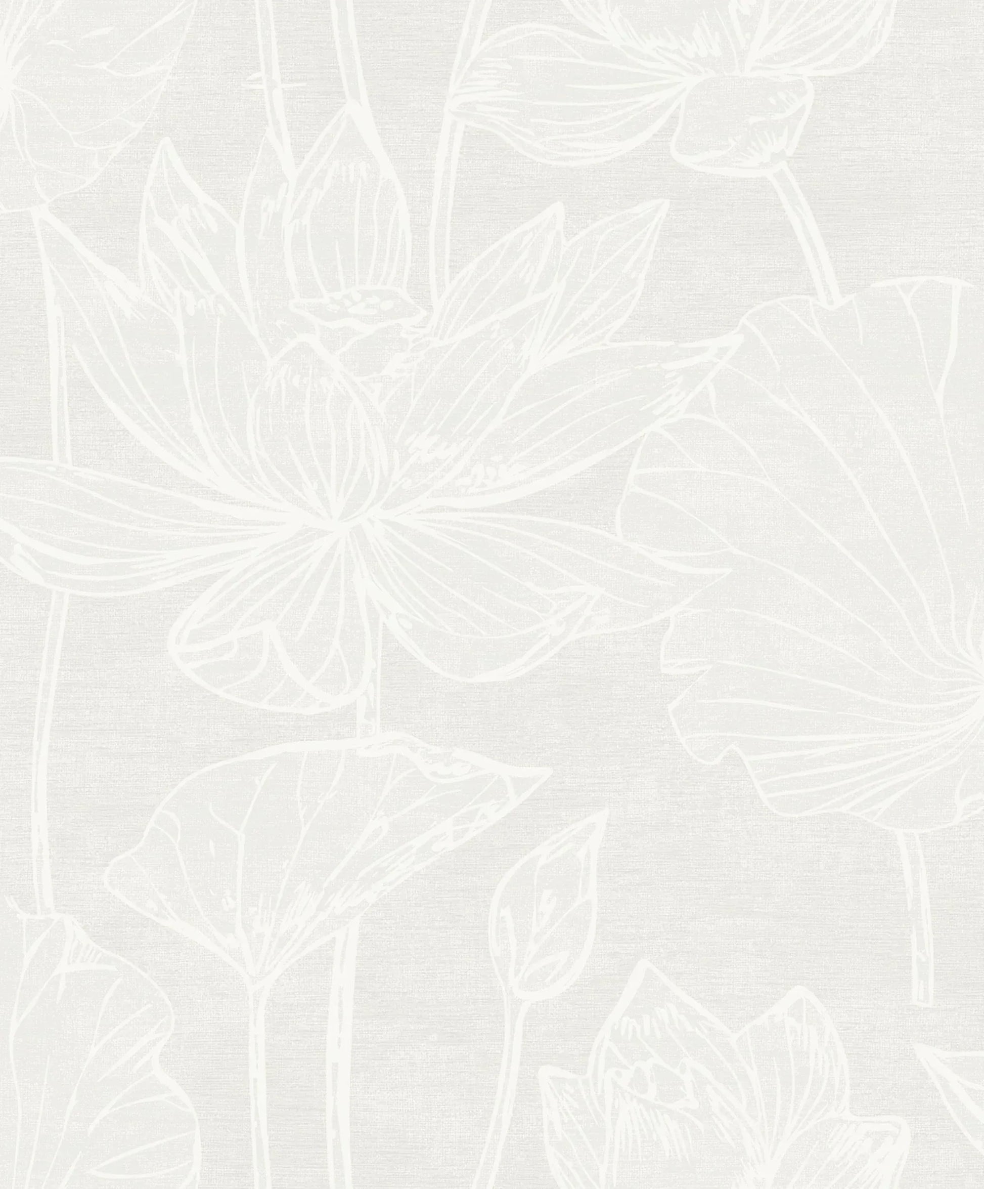 Lily Flower Wallpaper features white outline lotus flowers and leaves on a light gray textured botanical background.