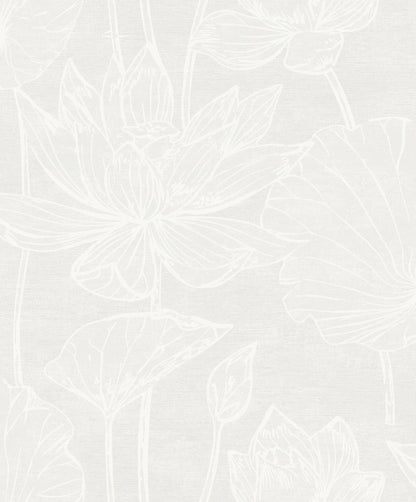 Lily Flower Wallpaper features white outline lotus flowers and leaves on a light gray textured botanical background.