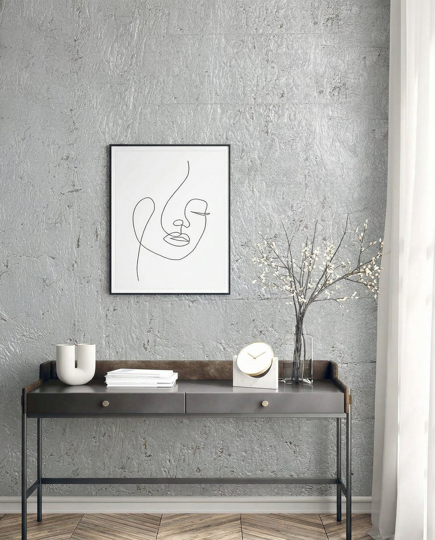 Minimalist console table with decor, abstract art, and vase by a window featuring Algarve Cork Grasscloth Naturals wallpaper.