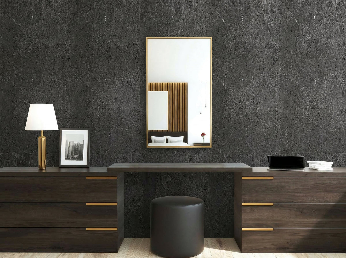 Modern vanity setup with dark dressers, round stool, and mirror on Algarve Cork Grasscloth Naturals wallpaper.