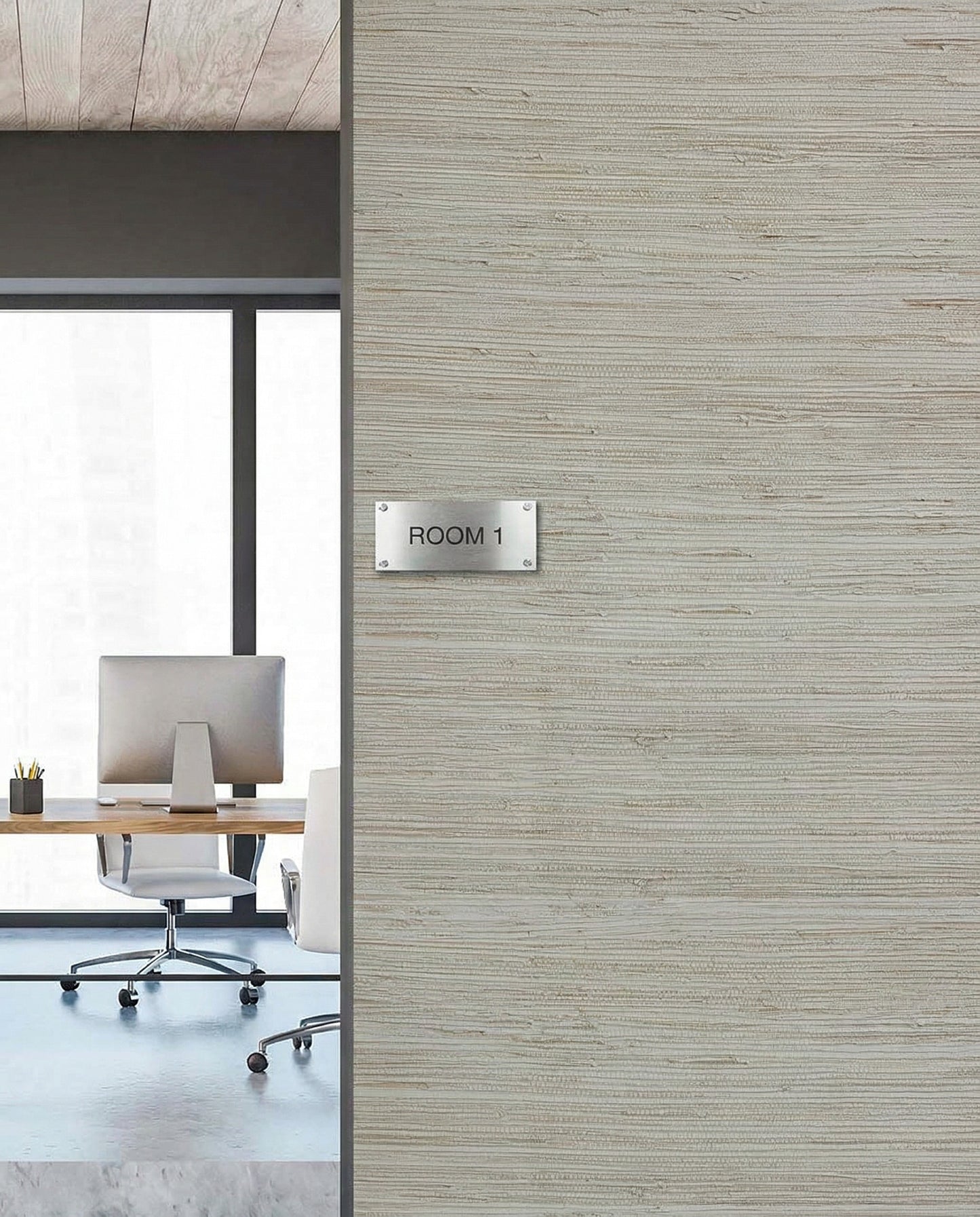 Modern office with desk and chair; Grasscloth Texture Grasscloth Naturals wallpaper highlights the ROOM 1 wall sign.