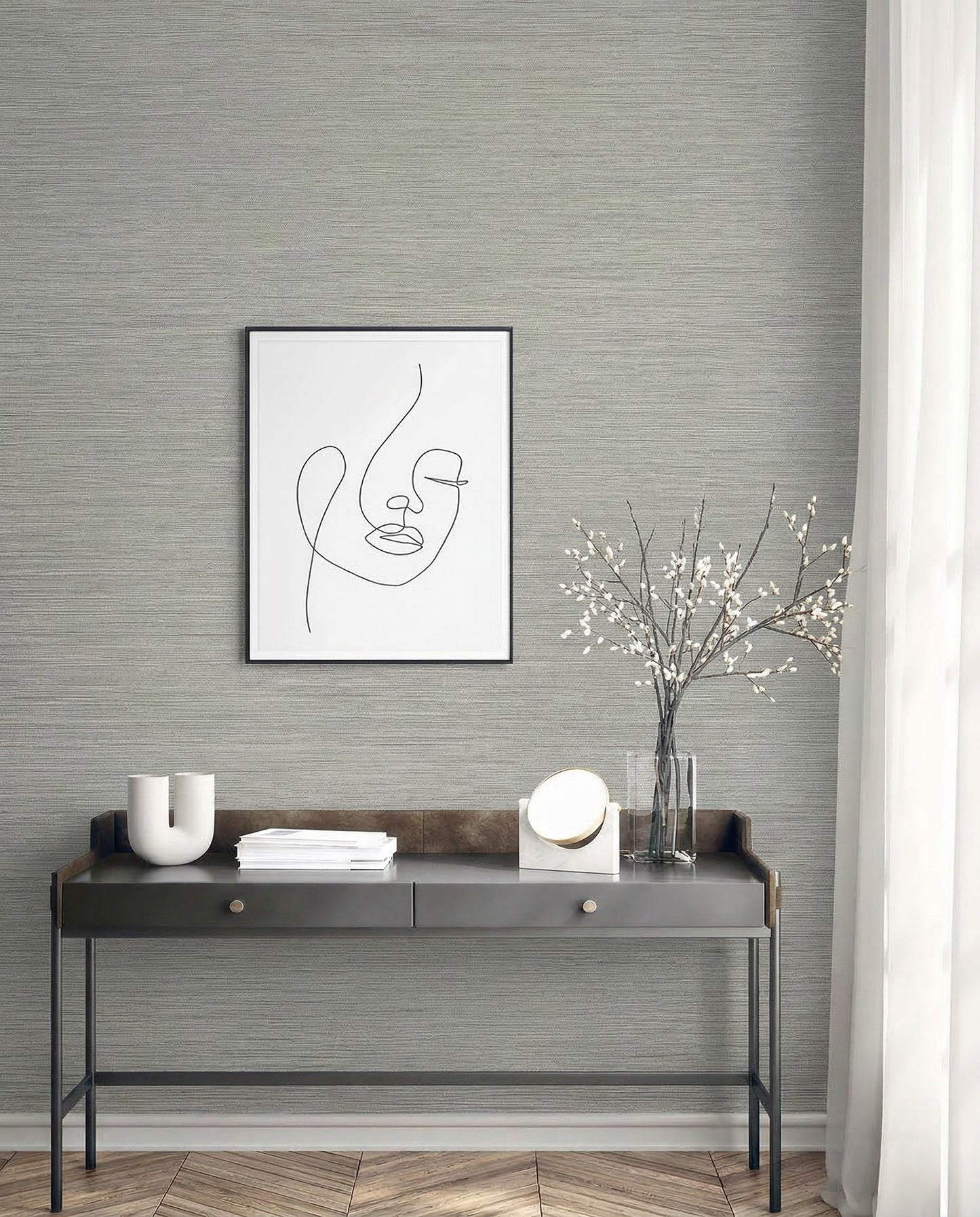 Grasslands Commercial Vinyl table with decor, line art portrait, and vinyl wallpaper by a sheer curtained window.