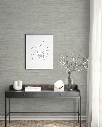 Grasslands Commercial Vinyl table with decor, line art portrait, and vinyl wallpaper by a sheer curtained window.