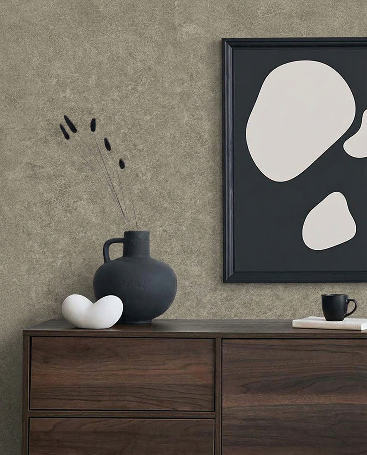 Minimalist decor features a dark vase, abstract art, cup set on wood with Florence Leather Commercial Vinyl wallcovering.