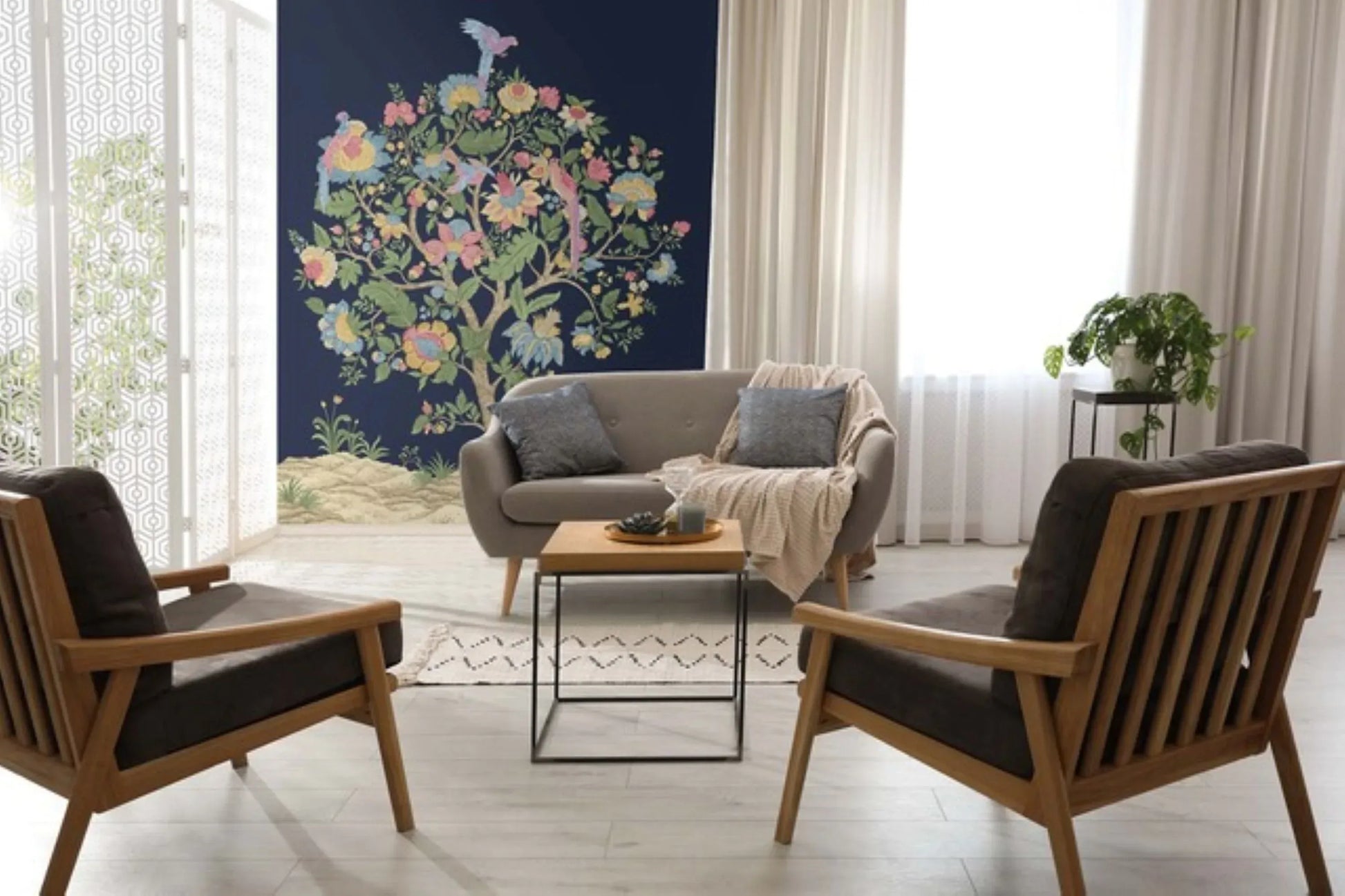 Modern living room with wooden furniture, gray sofa, houseplant, and a Tree Oriental Murals floral tree on a dark wall.