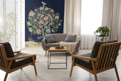 Modern living room with wooden furniture, gray sofa, houseplant, and a Tree Oriental Murals floral tree on a dark wall.