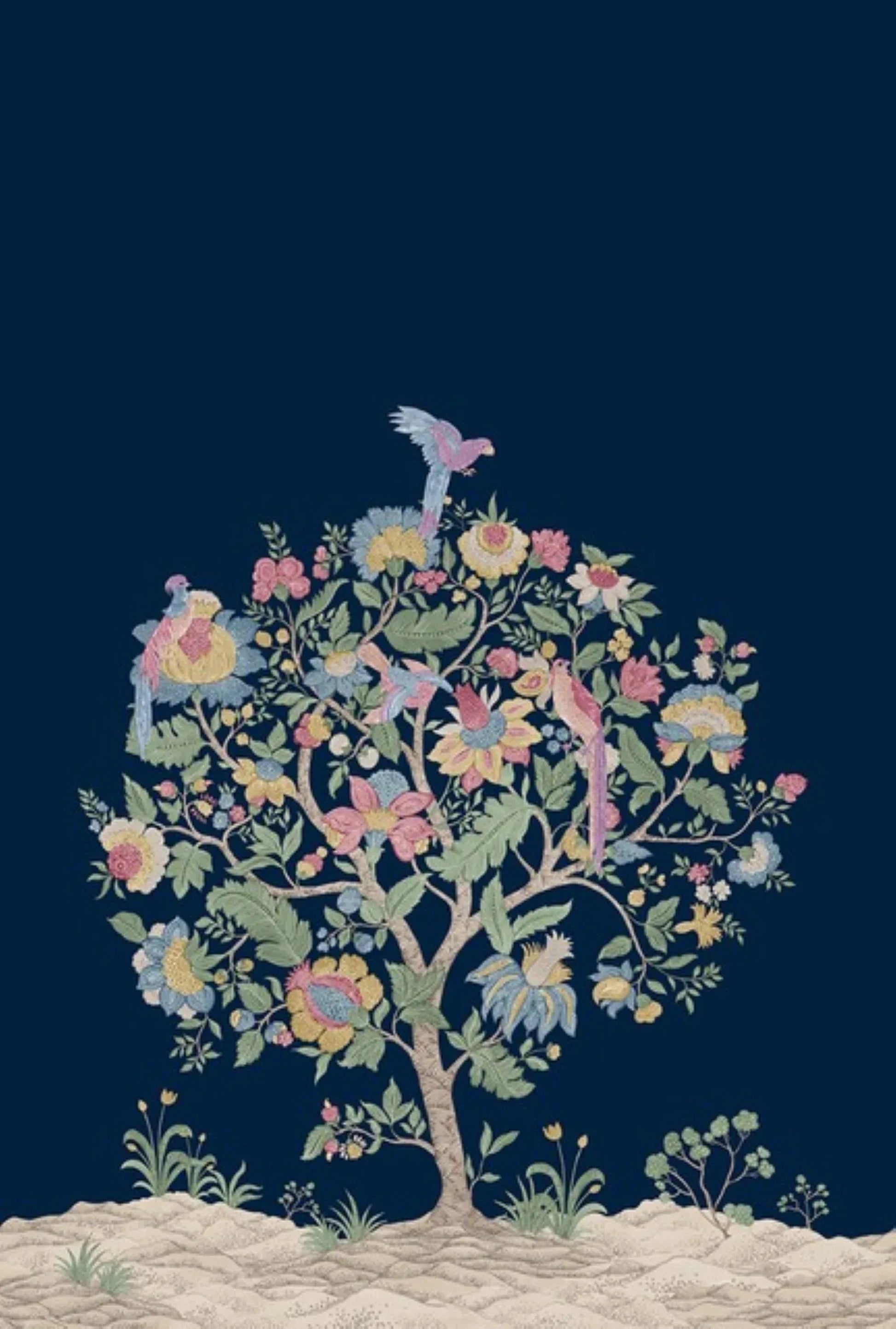 Tree Oriental Murals: a vibrant exotic wall mural featuring a flowering tree and colorful birds on a dark blue background.