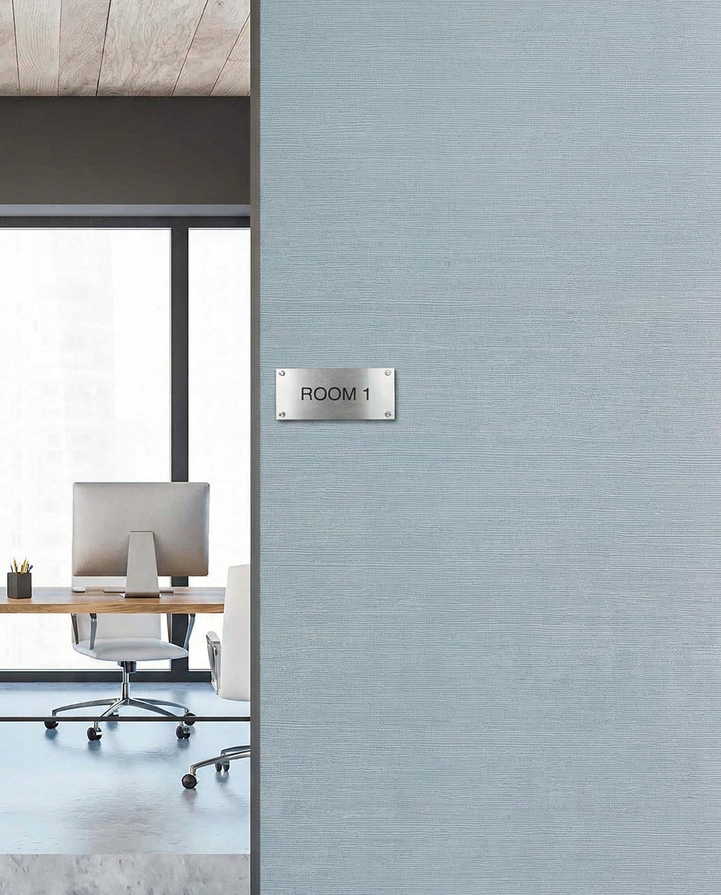Modern office with desk and chair; ROOM 1 sign pairs well with Sisal Texture Grasscloth Naturals wallpaper.