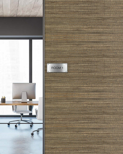A modern office with a desk is visible through a doorway labeled “ROOM 1” on Straw Texture Grasscloth Naturals.