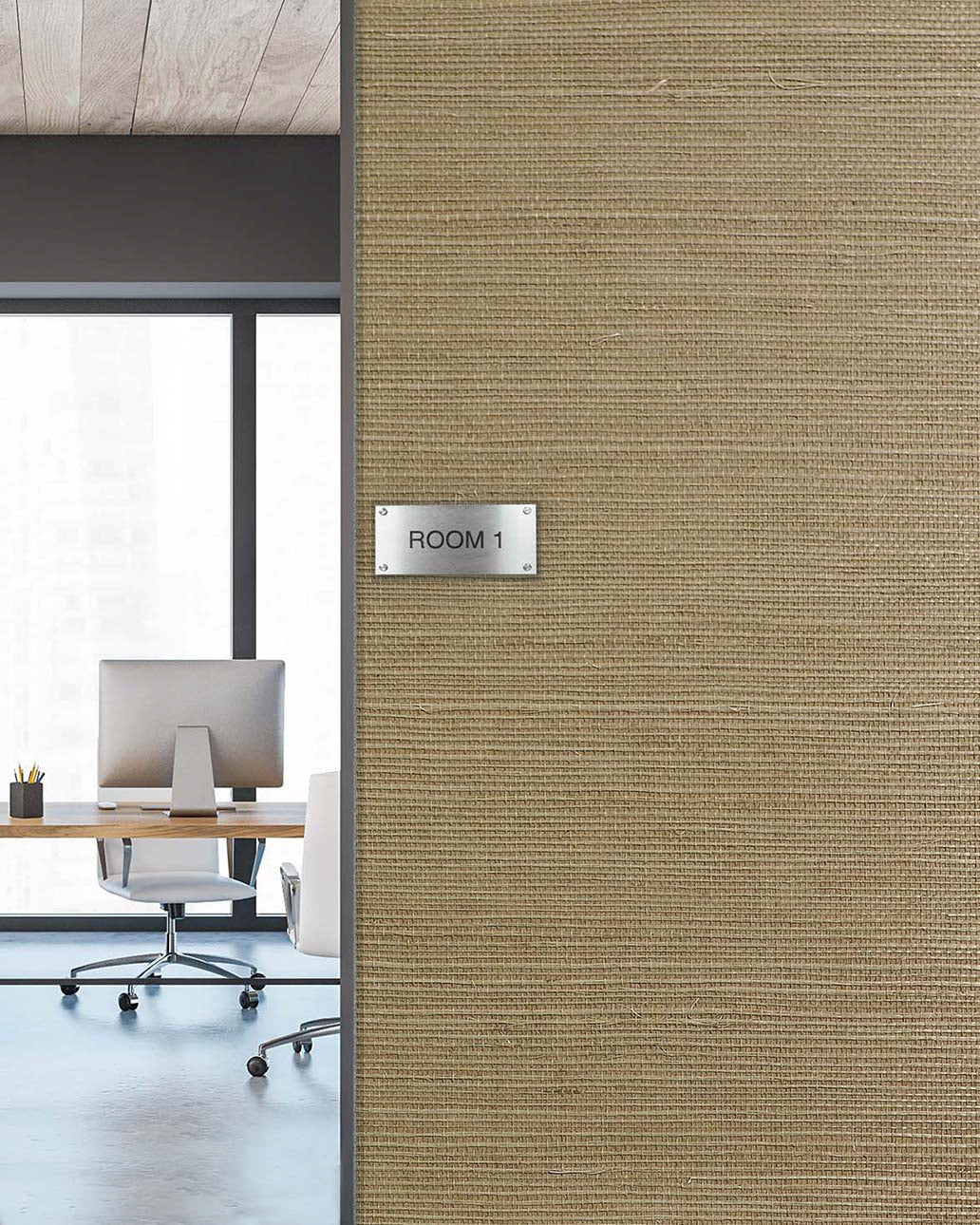 Office with Sisal Texture Grasscloth Naturals wallpaper, ROOM 1 sign, modern workspace, computer, and chair.