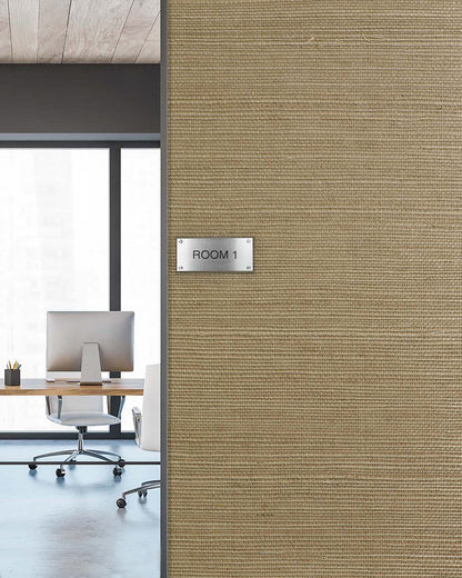 Office with Sisal Texture Grasscloth Naturals wallpaper, ROOM 1 sign, modern workspace, computer, and chair.