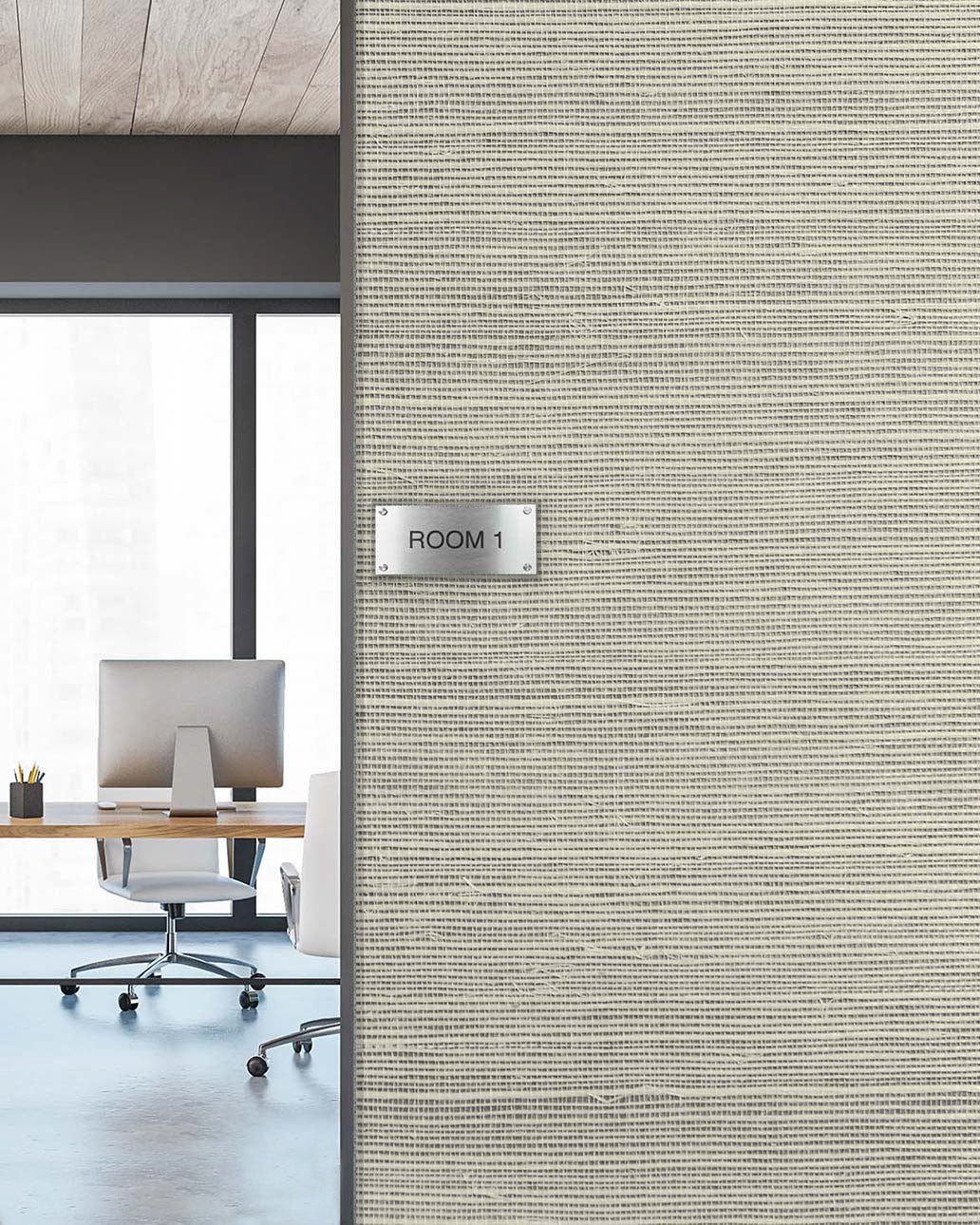 Modern office with desk and computer seen through doorway labeled Room 1 on Sisal Texture Grasscloth Naturals wallpaper.
