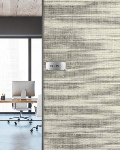 Modern office with desk and computer seen through doorway labeled Room 1 on Sisal Texture Grasscloth Naturals wallpaper.