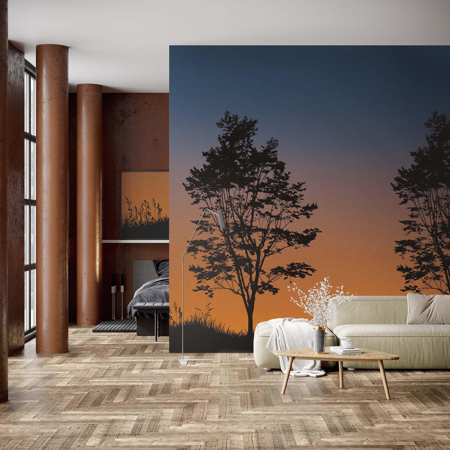 Modern living room with wood floors, neutral furniture, and a Tree at Sunset Murals feature wall behind a glass vase.